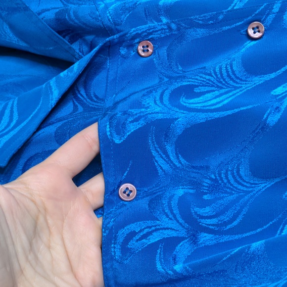 Vintage 80s 90s cobalt blue shimmer paisley button down pleated dress w belt - Picture 5 of 8